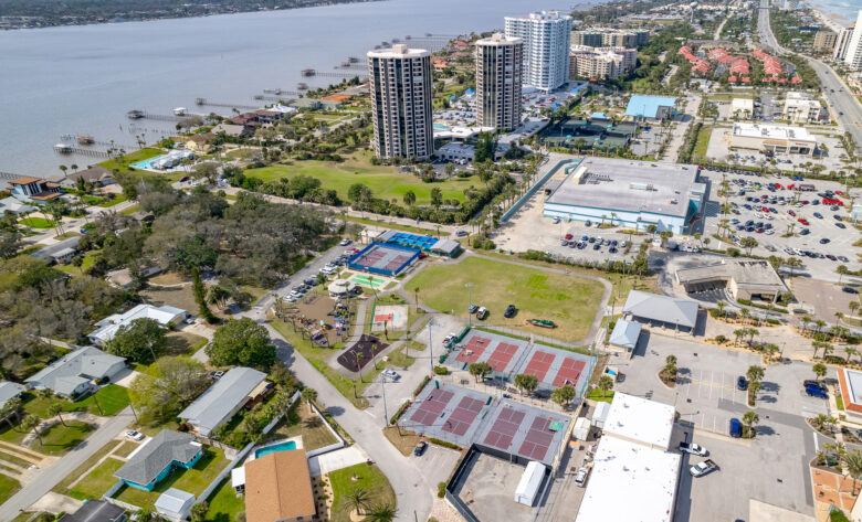 View of outdoor pickleball courts from overhead