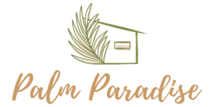 Palm Paradise logo with house and palm leaf